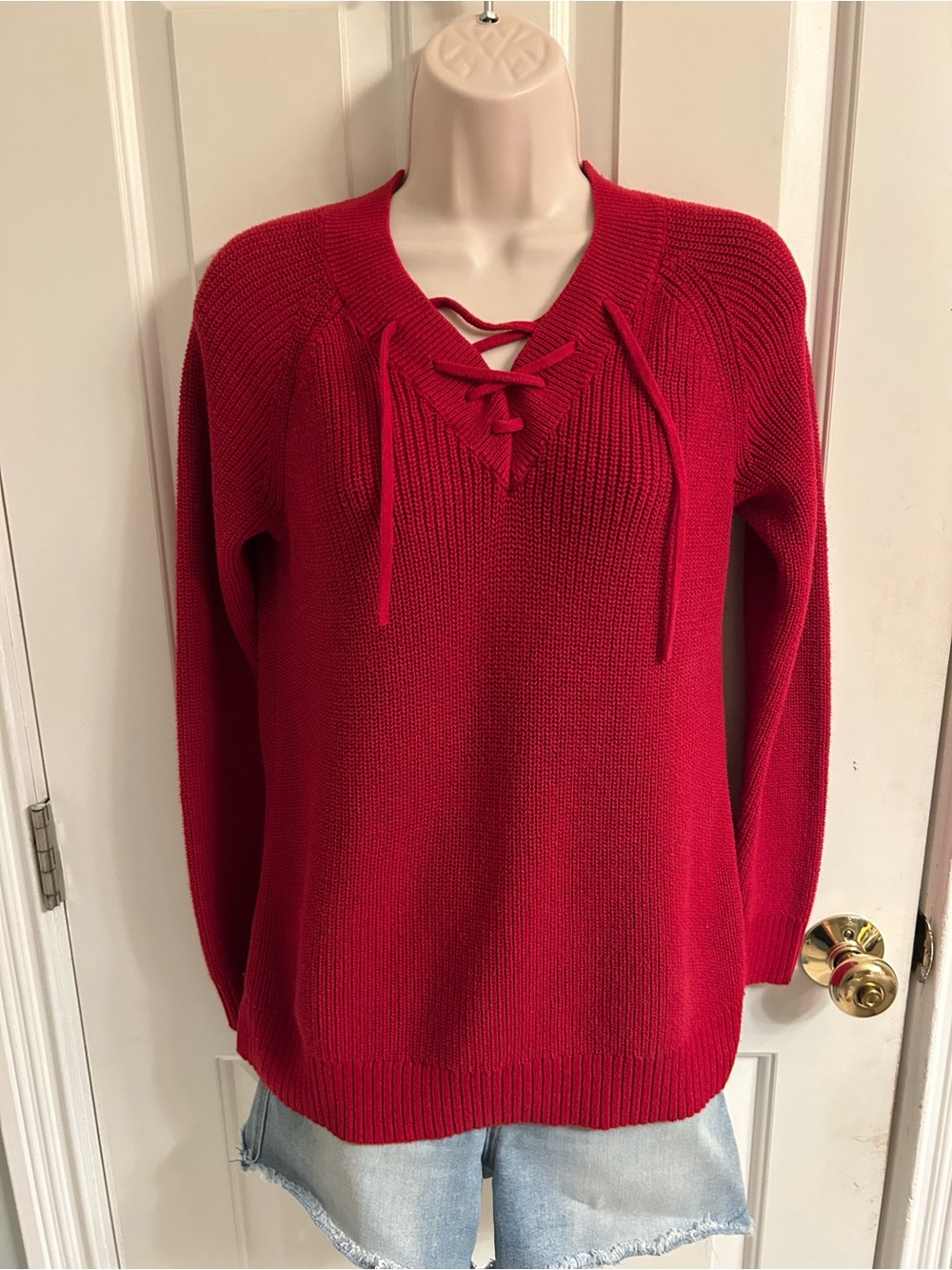 Women’s St. John's Bay Red Lace-Up V-Neck Sweater